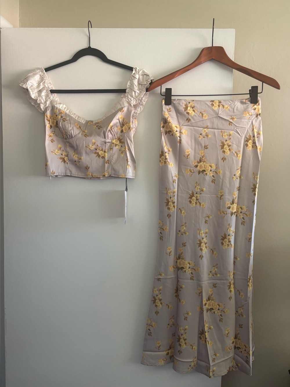 Floral Satin Top & Maxi Skirt Set- Yellow Floral on Light Gray/ Taupe